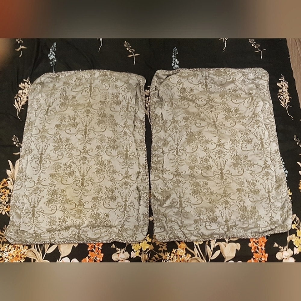 {FWP} Pair of Fancy Floral Pillowcases with Silvery Fronts and Green-grey Backs